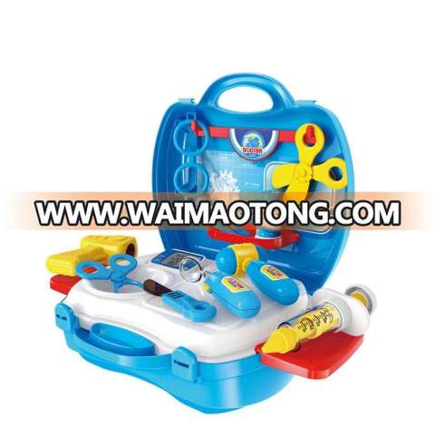 Pretend children toy mini blue plastic suitcase 18pcs doctor play set kit with light